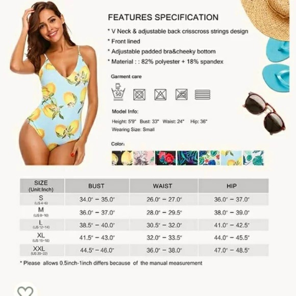 Lemon Print One-Piece Swimsuit Small Like New Blue Yellow Green - Picture 15 of 16